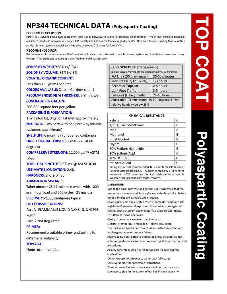 Gorilla Coatings NP344 Polyaspartic UV Stable Urethane Coating Specification Sheet